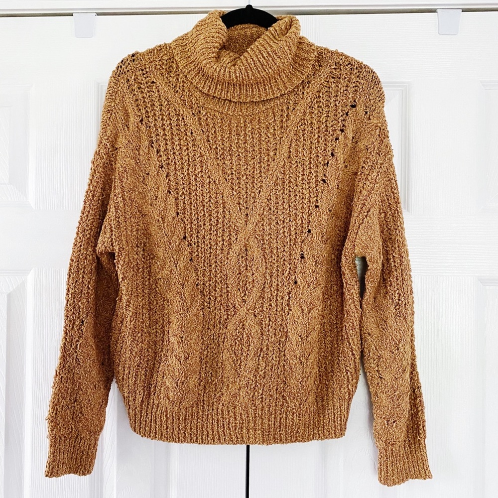 Pink Lily Chunky Knit Turtleneck Sweater Brown Tan Cowl Long Sleeve Size Medium